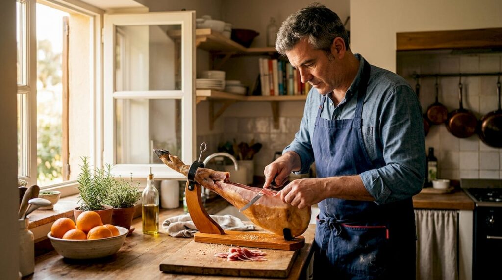 Chef hand-slicing Iberico ham in home kitchen