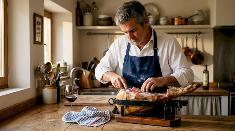 Chef slicing Iberico ham in home kitchen
