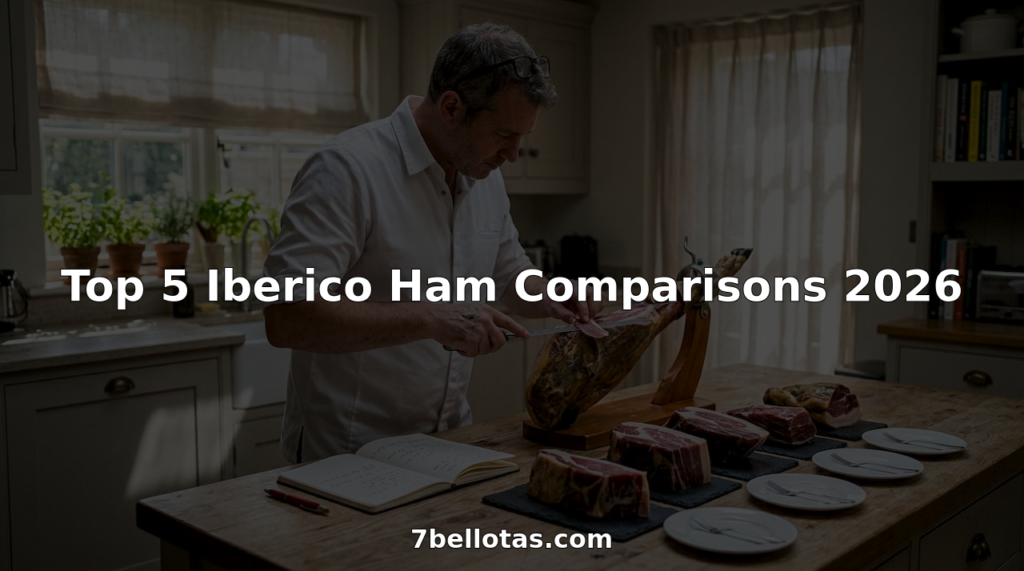Expert comparing Iberico ham varieties at kitchen island