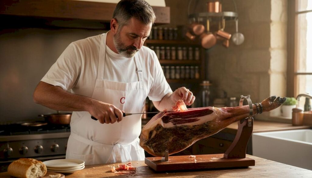 Why import gourmet meats? 5% of pigs meet top quality 1 Chef slicing Iberico ham in home kitchen