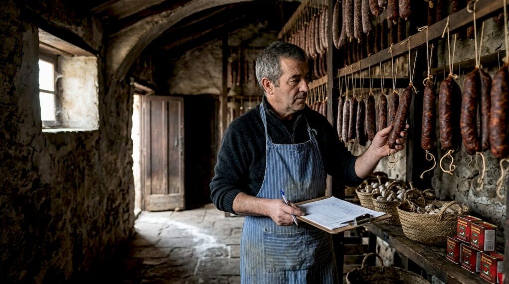 Chorizo iberico: 500 years of Spanish gourmet tradition 1 Charcutier checking hanging chorizo in cellar