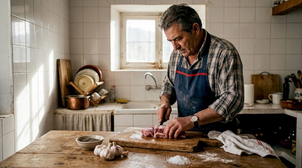 What defines Spanish salami: authentic flavours & traditions 1 Spanish butcher preparing salami in home kitchen