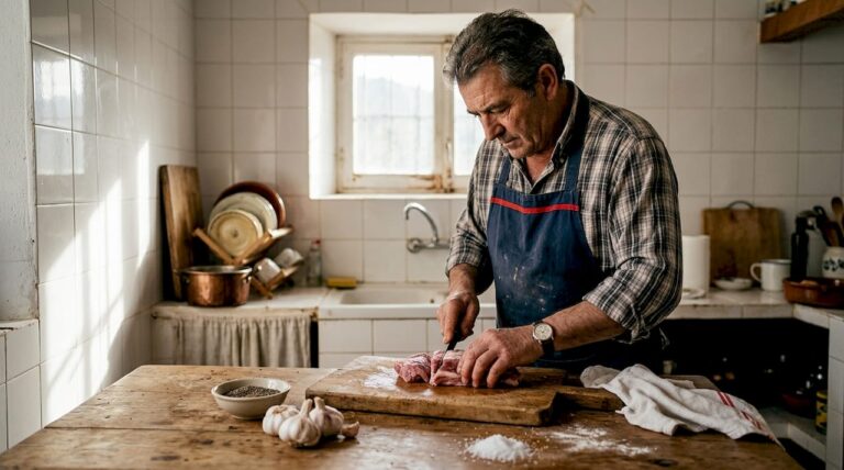 Spanish butcher preparing salami in home kitchen