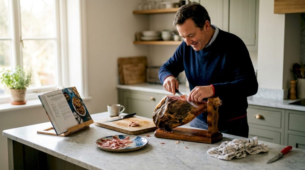 Serve Pata Negra ham like a connoisseur: 5 key steps 1 Food enthusiast slicing Pata Negra ham at kitchen island
