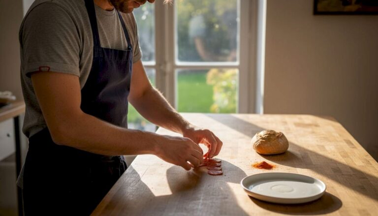 Chorizo ibérico sliced on rustic kitchen table