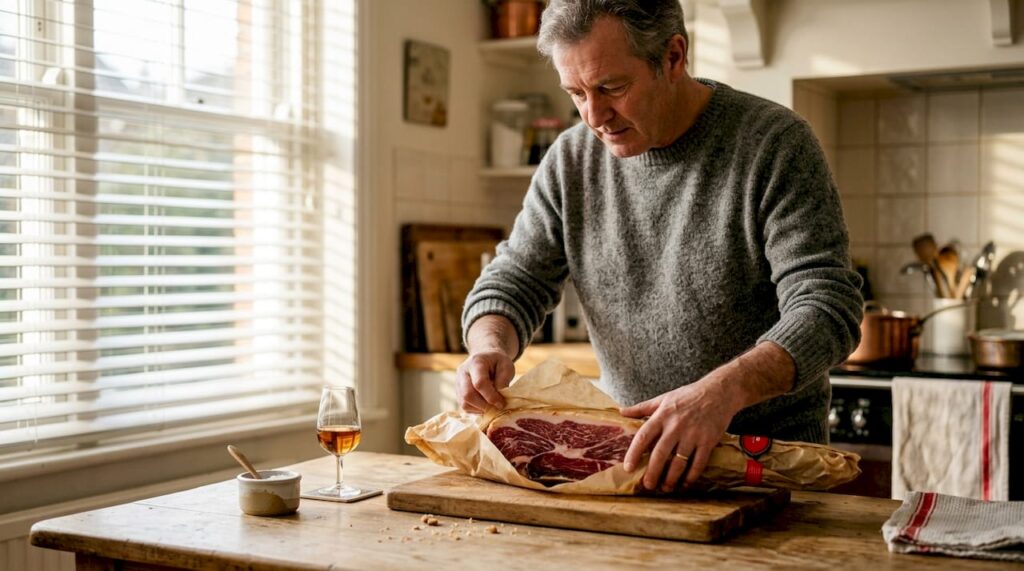 Why gourmet meat gifts make the perfect luxury surprise 1 Unwrapping gourmet Iberico ham in home kitchen