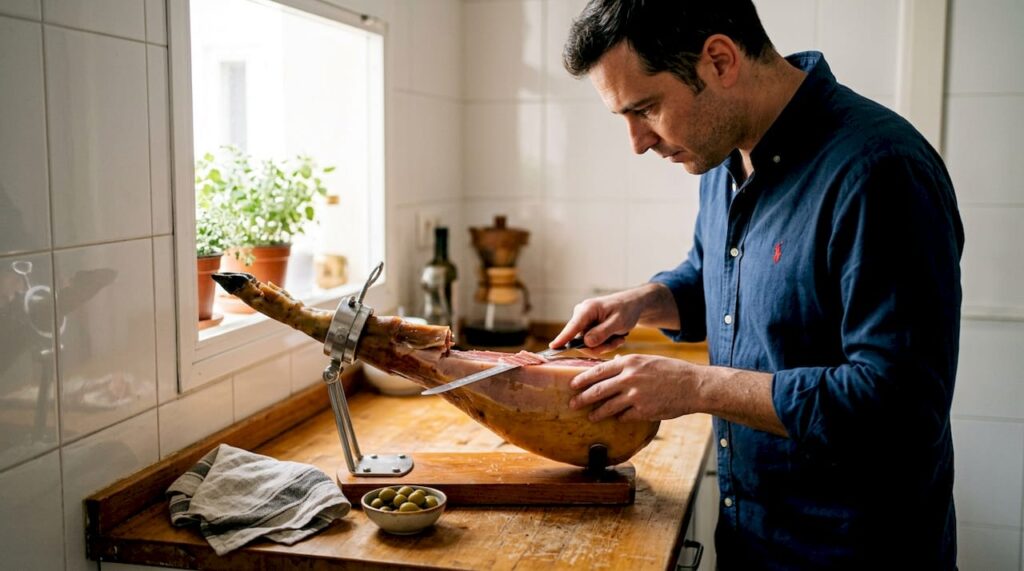 Bodega ham explained: Spanish cured ham for beginners 1 Man slicing Bodega ham in kitchen