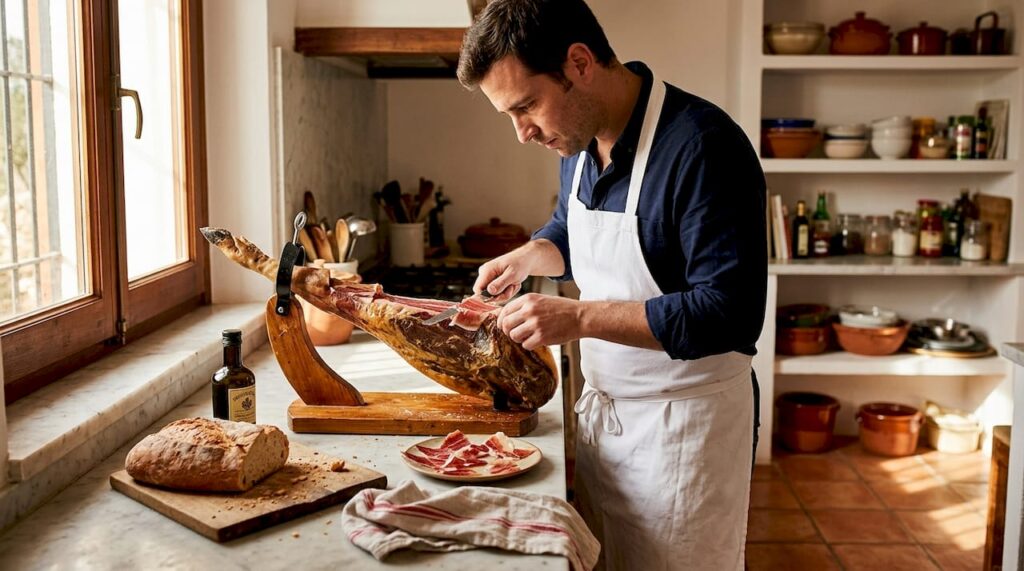 Discover Spanish charcuterie: Iberico ham, flavours, traditions 1 Chef slicing Iberico ham in Spanish kitchen