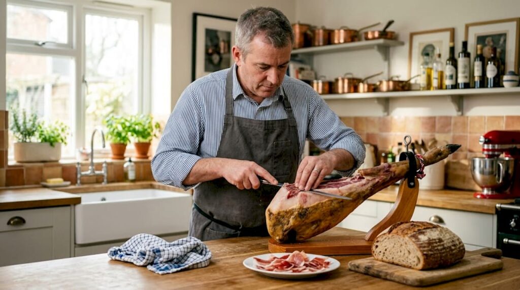Chef slicing Iberico ham in kitchen