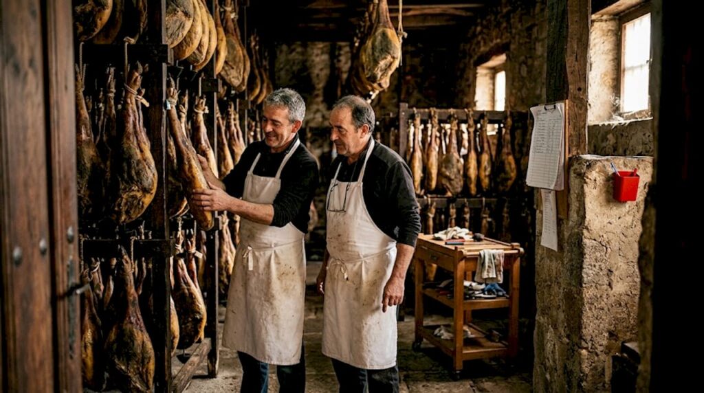 Jamón carvers checking Pata Negra hams curing