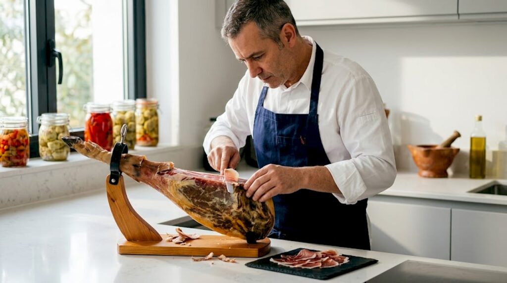 Chef slicing premium Pata Negra ham on stand