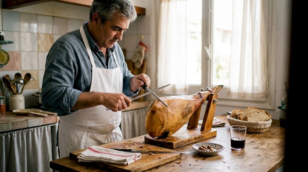 Iberico ham and carving ritual in kitchen