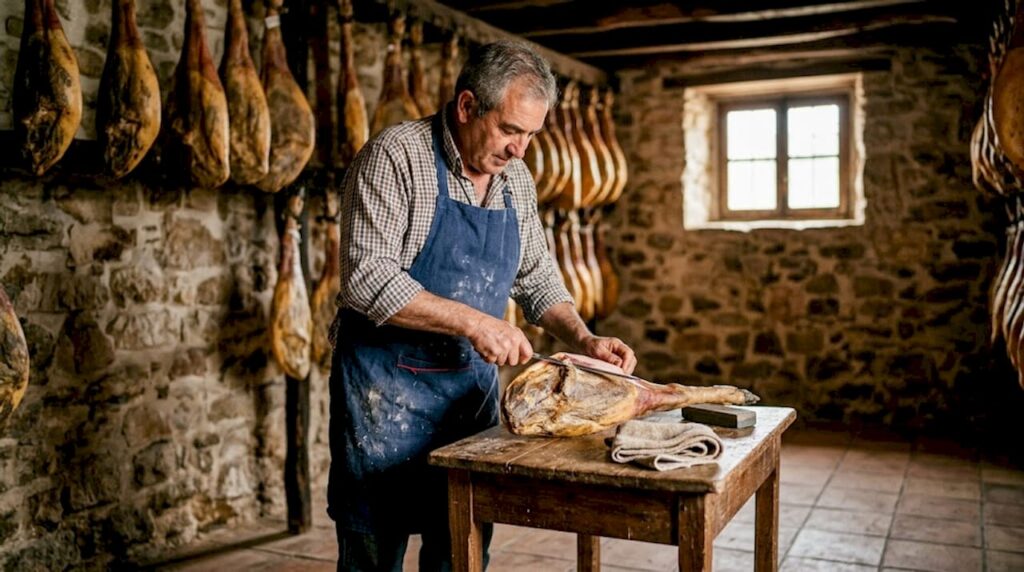 Artisanal Ibérico ham producer carving cured ham