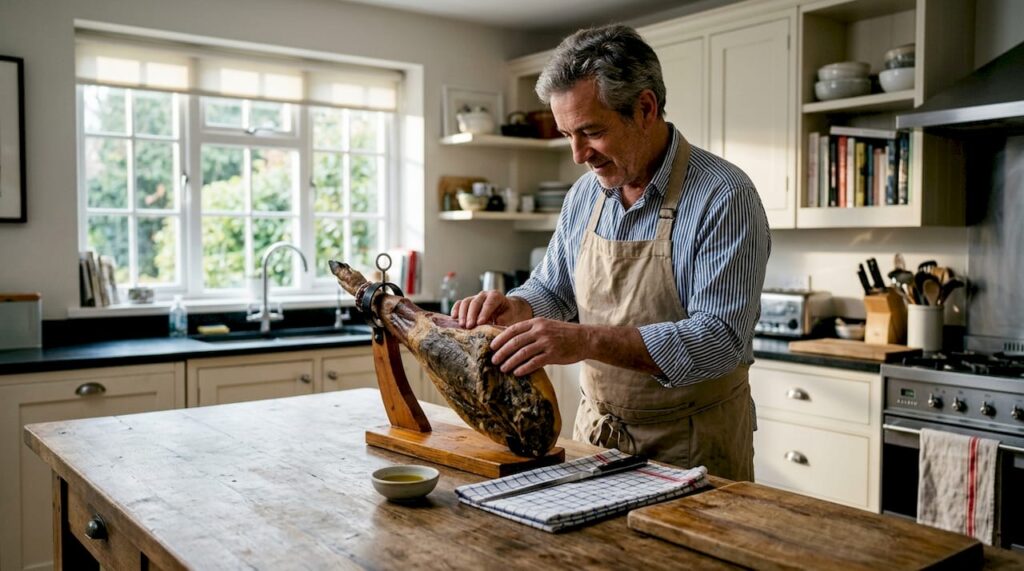 Expert inspecting whole Ibérico ham before tasting