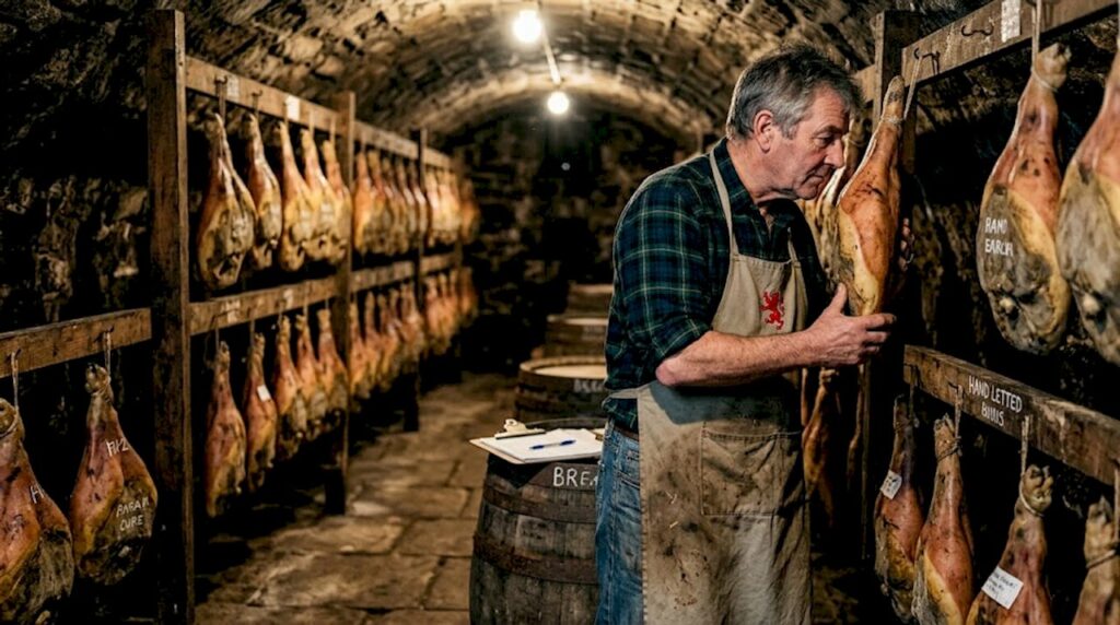 Ham maker inspecting hanging hams in cellar