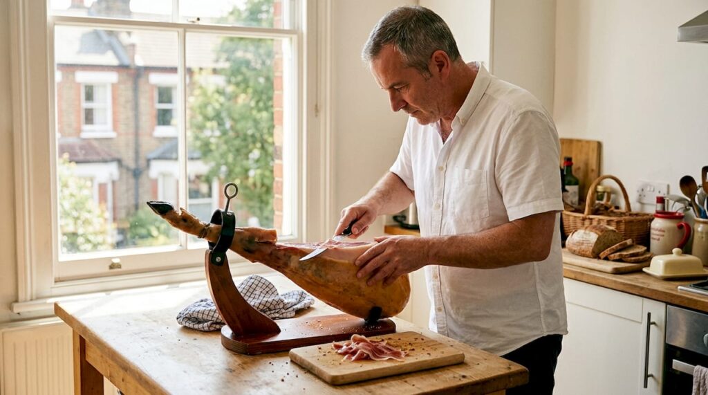 Man carving Iberico ham in sunlit kitchen