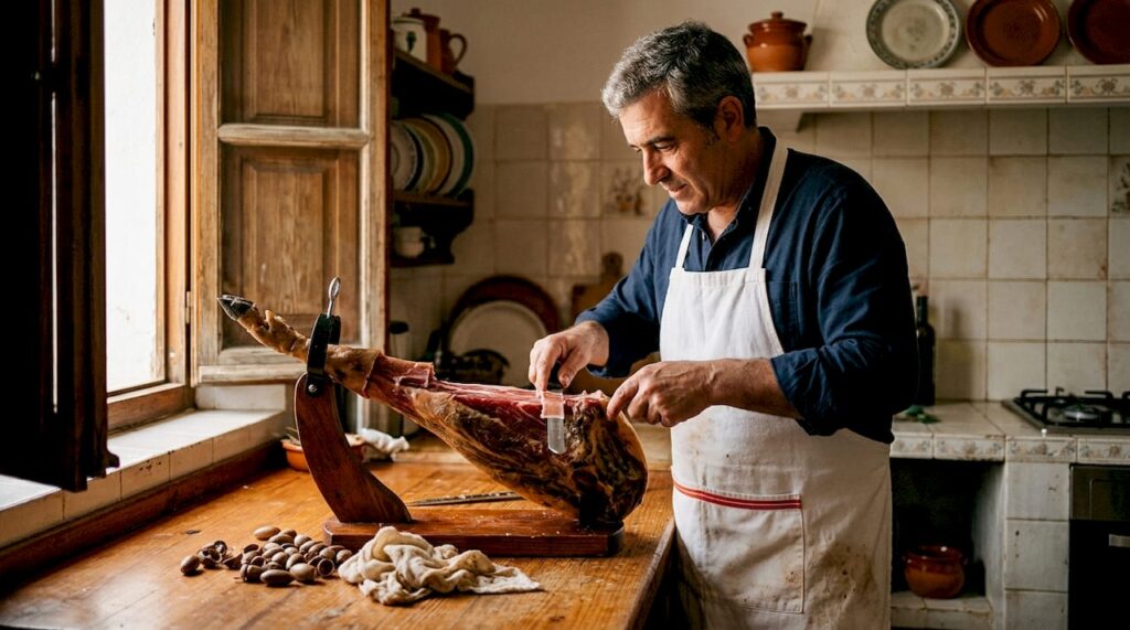 Artisan slicing Iberico ham in home kitchen