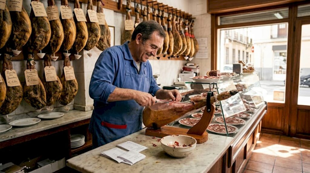 Spanish butcher slicing ham in small shop