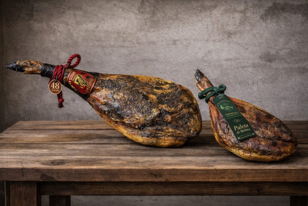 A beautiful, wide shot of a 7Bellotas Jamón (hind leg) and a Paleta (shoulder) resting side-by-side on a rustic wooden table, clearly showing the difference in size and shape.