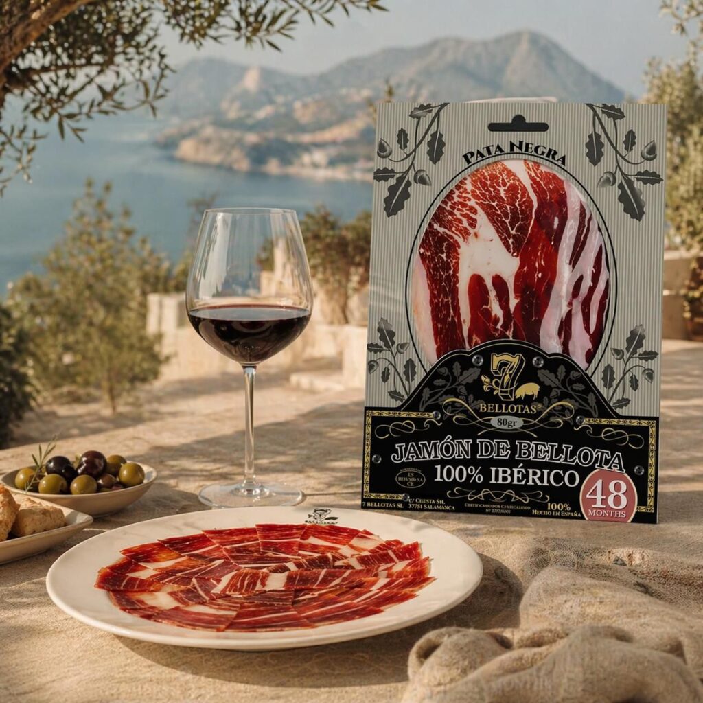 A beautifully branded, vacuum-sealed pack of 7Bellotas hand-sliced Jamón Ibérico resting next to a glass of sherry
